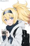  1girl alternate_costume alternate_hairstyle backpack bag blonde_hair blue_eyes camera gambier_bay_(kantai_collection) hairband highres hooded_coat kantai_collection long_hair multicolored_hairband open_mouth ponytail simple_background solo twitter_username umino_haruka_(harukaumino6) upper_body white_background white_coat 