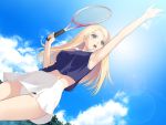  1girl armpits arms_up blonde_hair blue_eyes breasts clouds date_wingfield_reiko fault!! flying_sweatdrops game_cg large_breasts long_hair looking_up open_mouth panties pantyshot playing skirt sky standing sunlight sweat tanaka_takayuki tennis underwear upskirt white_panties 