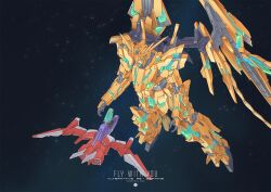 aircraft airplane beam_saber core_fighter english_commentary fighter_jet gundam gundam_narrative mecha military_vehicle mobile_suit night night_sky no_humans psycho_frame robot shield sky space star_(sky) unicorn_gundam_phenex v-fin wdy1000 
