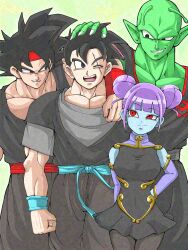  1girl 3boys bardock bardock_(xeno) black_dress black_hair black_pantyhose blue_skin blue_wristband colored_skin double_bun dougi dragon_ball dragon_ball_heroes dress green_skin grin hair_bun headband highres multiple_boys muscular muscular_male open_mouth pantyhose piccolo pointy_ears purple_hair red_eyes red_headband scar scar_across_eye scar_on_face shin_(mrgt2288) smile son_gohan son_gohan_(future) son_gohan_(future)_(xeno) spiky_hair vidro_(dragon_ball) 