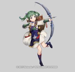 1girl arrow_(projectile) backpack bag boots bow_(weapon) bridal_gauntlets closed_mouth copyright_notice dress fire_emblem fire_emblem_fates fire_emblem_heroes full_body green_hair grey_background holding holding_bow_(weapon) holding_weapon japanese_clothes kimono leg_up long_hair long_sleeves midori_(fire_emblem) mikurou_(nayuta) official_art sidelocks simple_background solo twintails weapon 