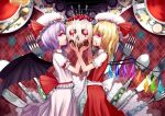  2girls argyle argyle_background ascot bat_wings blonde_hair cake crystal cup dish flandre_scarlet food fork hat hat_ribbon lavender_hair looking_at_viewer mob_cap multiple_girls open_mouth optical_illusion profile puffy_sleeves red_eyes remilia_scarlet ribbon sash shiroori_kanade shirt short_sleeves siblings side_ponytail sisters skirt skirt_set smile spoon teacup tongue tongue_out touhou vest wings 
