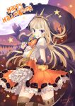  1girl :q artist_name blonde_hair brown_legwear buttons cagliostro_(granblue_fantasy) candy cape castle frilled_skirt frills full_moon granblue_fantasy halloween happy_halloween lollipop long_hair looking_at_viewer monikon13 moon one_leg_raised orange_skirt orange_sky puffy_short_sleeves puffy_sleeves pumpkin_print shirt short_sleeves silhouette skirt skirt_lift solo standing standing_on_one_leg star suspenders sweets thigh-highs tongue tongue_out violet_eyes white_shirt zettai_ryouiki 