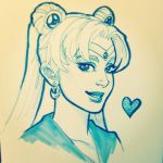  1girl bishoujo_senshi_sailor_moon crescent_earrings crystal_graziano double_bun earrings face hair_ornament heart highres jewelry photo sailor_moon smile solo traditional_media tsukino_usagi twintails 