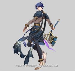  1boy blue_eyes blue_hair copyright_name fire_emblem fire_emblem:_new_mystery_of_the_emblem fire_emblem_heroes full_body grey_background holding holding_mace holding_weapon kris_(fire_emblem) kris_(male)_(fire_emblem) mace male_focus mikurou_(nayuta) official_art sandals short_hair simple_background solo weapon 