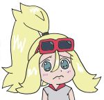  1girl blonde_hair blush commentary_request dot_nose google_glass grey_eyes gyate_gyate koruni_(pokemon) pokemon pokemon_(anime) pokemon_xy_(anime) sad_smile solo 