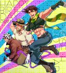  3boys abs anz boots brown_boots brown_hair cane coat crop_top fingerless_gloves glasses gloves green_eyes grey_hair hat hermit_purple jojo_no_kimyou_na_bouken joseph_joestar joseph_joestar_(young) male_focus midriff multiple_boys multiple_persona muscle polo_shirt scarf stand_(jojo) white_gloves 