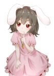  1girl animal_ears brown_hair disco_brando dress inaba_tewi jewelry looking_at_another pink_dress rabbit_ears red_eyes short_hair simple_background smile solo touhou upper_body 