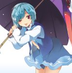  1girl bent_over blue_hair blush gradient gradient_background hasebe_yuusaku karakasa_obake long_sleeves looking_at_viewer one_eye_closed open_clothes open_shirt puffy_sleeves red_eyes shirt short_hair skirt smile solo tatara_kogasa tongue tongue_out touhou umbrella vest 