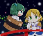  2girls arm_support arm_warmers blonde_hair blue_eyes bucket green_eyes green_hair hair_bobbles hair_ornament hand_on_own_cheek in_bucket in_container japanese_clothes kimono kisume mizuhashi_parsee multiple_girls open_mouth pointy_ears railing sash shirt short_sleeves skirt smile touhou twintails wooden_bucket yamabuki_(yusuraume) yukata 