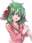  1girl animal_ears blush broom dio_uryyy dress fang green_eyes green_hair kasodani_kyouko long_sleeves looking_at_viewer open_mouth pink_dress short_hair simple_background smile solo touhou upper_body white_background 