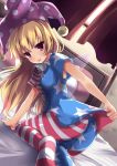  1girl american_flag_legwear american_flag_shirt ass bed bed_frame bed_sheet bent_over blonde_hair clownpiece curtains eyebrows_visible_through_hair fairy_wings hat highres jester_cap long_hair looking_back perspective pillow shirt_lift short_sleeves small_breasts solo soramuko tongue tongue_out touhou violet_eyes wind window 