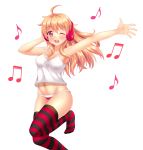  1girl ;d ahoge armpits blonde_hair blush breasts cleavage dancing fast-runner-2024 headphones heart heart-shaped_pupils highres long_hair navel one_eye_closed one_leg_raised open_mouth original outstretched_arm panties red_eyes shirt simple_background sleeveless smile solo striped striped_legwear striped_panties symbol-shaped_pupils tank_top thigh-highs tiffy underwear white_background white_shirt 