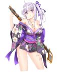  1girl :o ahoge armpits benchen06 between_breasts breasts cleavage collarbone cropped_legs gun hair_ribbon hand_on_leg highres japanese_clothes kimono large_breasts looking_at_viewer off_shoulder one_side_up original parted_lips ribbon rifle short_hair silver_hair simple_background solo standing violet_eyes weapon white_background 