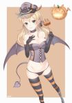  1girl bangs bare_shoulders bat_wings black_gloves black_panties blonde_hair choker closed_mouth collarbone corset cross-laced_clothes demon_tail demon_wings gloves green_eyes groin hair_ornament halloween hand_on_own_chest hat holding horns jack-o&#039;-lantern kantai_collection long_hair looking_at_viewer midriff navel panties polearm prinz_eugen_(kantai_collection) pumpkin simple_background smile solo striped striped_legwear tail text thigh-highs trident twintails underwear weapon winged_hair_ornament wings you06 