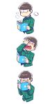  1boy black_hair blush bowl_cut choromatsu covering_eyes covering_face heart heart_in_mouth highres magazine osomatsu-kun osomatsu-san plaid plaid_shirt reading sequential shakata_(syakatan) shirt simple_background steam upper_body white_background 