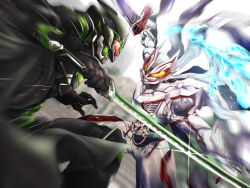 2boys animal_ears armor battle black_armor black_bodysuit bodysuit boost_mark_ix_buckle bujinsword_buckle cape desire_driver extra_tails fox fox_ears fox_mask geats_buster_qb9 glowing glowing_eyes gunblade helmet highres holding holding_sword holding_weapon kamen_rider kamen_rider_geats kamen_rider_geats_(series) kamen_rider_geats_ix kamen_rider_tycoon kamen_rider_tycoon_bujinsword katana kitsune male_focus mask multiple_boys power_armor raccoon_ears raise_buckle red_eyes red_hayao red_visor rider_belt shogun sword tokusatsu weapon white_armor yellow_eyes