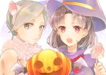  2girls animal_costume animal_ears bat_wings breasts brown_eyes brown_hair candy cat_costume cat_ears chitose_(kantai_collection) chiyoda_(kantai_collection) dress grey_hair halloween hat jack-o&#039;-lantern kantai_collection lollipop long_hair multiple_girls northern_ocean_hime open_mouth ponytail short_hair smile wings witch_hat 