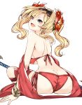  218 bangle bare_shoulders bikini blonde_hair blue_eyes bracelet flower from_behind granblue_fantasy hair_flower hair_ornament jewelry looking_at_viewer looking_back open_mouth smile swimsuit zeta_(granblue_fantasy) 