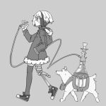  1girl akabashira_(unholywars12) amputee bikko black_legwear borrowed_character coat dog eyepatch highres hookah monochrome multicolored_hair original prosthesis prosthetic_leg shoes short_hair single_thighhigh sneakers thigh-highs two-tone_hair 