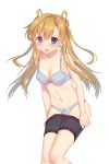  1girl abukuma_(kantai_collection) bike_shorts blonde_hair blue_bra blue_eyes blue_panties blush bra breasts cleavage cnm collarbone double_bun hair_between_eyes hair_rings kantai_collection long_hair looking_at_viewer open_mouth panties simple_background solo underwear underwear_only undressing white_background 