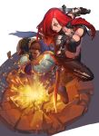  1boy 1girl absurdres armor belt black_gloves black_pants breasts buckle character_request cleavage dual_wielding garen_crownguard gloves highres holding jewelry jumping katarina_du_couteau knife league_of_legends long_hair looking_at_another looking_back necklace pants penett popped_collar redhead rock scar skin_tight sword weapon 
