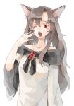  1girl animal_ears bare_shoulders blush brooch brown_hair fang imaizumi_kagerou itak69 jewelry long_hair long_sleeves off_shoulder one_eye_closed open_mouth red_eyes simple_background solo tears touhou upper_body white_background wide_sleeves wolf_ears yawning 