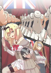  blonde_hair commentary_request corset crown dress flower globus_cruciger grey_hair half_up_braid hat highres janus_(kancolle) javelin_(kancolle) jervis_(kancolle) kantai_collection long_hair mask military_uniform mini_crown multiple_views nelson_(kancolle) off-shoulder_dress off_shoulder parody red_flower red_rose rose sailor_hat short_hair tsun&#039;ichi_(tsun1) union_jack warspite_(kancolle) white_corset white_dress white_hat 