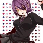  1girl blush breasts eyepatch fang gloves kantai_collection large_breasts necktie open_mouth purple_hair school_uniform short_hair silco solo tenryuu_(kantai_collection) yellow_eyes 