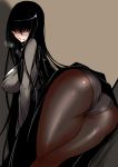  1girl arched_back ass bangs beige_background black_hair blush breasts character_request closed_mouth glasses gloves hair_over_eyes highres large_breasts long_hair looking_at_viewer panties pantyhose sangyou_haikibutsu_(turnamoonright) shorts simple_background solo underwear 
