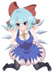  1girl black_legwear blue_dress blue_eyes blue_hair blush breasts cirno dress full_body grin hair_ornament hair_ribbon highres ice ice_wings large_breasts looking_at_viewer pantyhose puffy_sleeves ribbon short_hair short_sleeves simple_background smile solo takashi_(nekoro) touhou white_background wings 