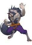  abs claws clenched_teeth fangs full_body fur gallon glowing glowing_eyes highres pants penett purple_pants ribbon solo standing tail vampire_(game) werewolf white_background yellow_ribbon 