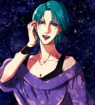  1girl aqua_hair bare_shoulders blue_eyes breasts cleavage elina_kuroe_no_daarin four_murasame gundam gundam_zz lips lipstick looking_at_viewer makeup open_mouth purple_lipstick short_hair smile solo zeta_gundam 