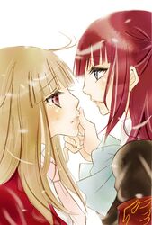  2girls bangs blush brown_hair crying gigi hand_on_another&#039;s_face long_hair mammon multiple_girls necktie redhead ribbon tears umineko_no_naku_koro_ni ushiromiya_ange yuri 