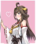  1girl ahoge bare_shoulders brown_hair detached_sleeves double_bun hairband heart highres kantai_collection kongou_(kantai_collection) long_hair looking_at_another nezirinko nontraditional_miko parted_lips pink_background sleeve_tug solo_focus violet_eyes 