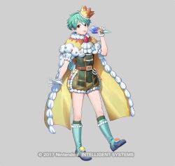  1boy blue_hair cape crown fire_emblem fire_emblem:_the_blazing_blade fire_emblem_heroes full_body gloves grey_background light_blue_hair male_focus mikurou_(nayuta) nils_(fire_emblem) nils_(halloween)_(fire_emblem) official_art red_eyes short_hair simple_background solo white_gloves 