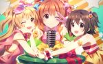  3girls :3 akagi_miria bare_shoulders black_hair blonde_hair blush brown_eyes brown_hair gloves green_eyes hair_bobbles hair_ornament hair_ribbon hand_on_own_face idolmaster idolmaster_cinderella_girls jougasaki_rika long_hair looking_at_viewer microphone moroboshi_kirari multiple_girls nail_polish one_eye_closed open_mouth ribbon short_hair smile star_hair_ornament sunglasses sunglasses_on_head twintails two_side_up v white_gloves yuuki_tatsuya 