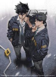  2boys black_footwear black_hair blue_eyes blue_jacket blue_necktie collared_shirt crime_scene fbi green_necktie grey_pants highres jacket kidkuroba4869 kudou_shin&#039;ichi kuroba_kaito male_focus meitantei_conan multiple_boys necktie pants shirt walkie-talkie watermark white_shirt 