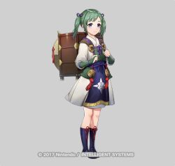  1girl backpack bag black_footwear boots bridal_gauntlets closed_mouth copyright_notice dress fire_emblem fire_emblem_fates fire_emblem_heroes full_body green_hair grey_background hair_ornament japanese_clothes kimono long_hair long_sleeves looking_at_viewer midori_(fire_emblem) mikurou_(nayuta) official_art short_dress short_twintails sidelocks simple_background smile solo standing twintails violet_eyes 