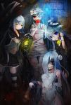  4girls bandages bell bell_collar blood blue_eyes bolt candy collar fangs garter_straps halloween hat highres kajaneko lollipop long_hair multiple_girls one_eye_closed original red_eyes stitched_mouth stitches striped striped_legwear thigh-highs witch_hat yellow_eyes 