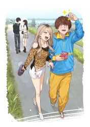  2boys 2girls absurdres amane_sachika animal_print bag black_hair blonde_hair blue_sky bridge brown_eyes commentary_request day earrings gyaru highres hood hopper_1 ichinose_houtarou inoue_shouma jewelry kamen_rider kamen_rider_gavv_(series) kamen_rider_gotchard_(series) kudo_rinne landscape leopard_print long_hair long_sleeves multiple_boys multiple_girls open_mouth pants popping_gummy school_bag school_uniform shoes skirt sky smile sneakers socks sparkling_eyes tokusatsu yakimi_27 