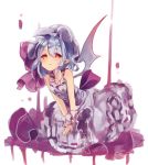  1girl bat_wings blue_hair blush dress hat kedama_milk looking_at_viewer pointy_ears red_eyes remilia_scarlet short_hair simple_background sleeveless solo touhou white_background wings wrist_cuffs 