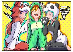  3girls :d ^_^ aqua_hair border braid braided_twintails closed_eyes closed_mouth commentary_request dragon_hood fushi_(24fushi_phoenix) green_eyes green_pajamas knees_up long_hair long_sleeves love_live! love_live!_superstar!! multiple_girls official_alternate_costume onitsuka_tomari open_mouth orange_hair orange_pants pajamas panda_hat pants pink_eyes polka_dot polka_dot_background purple_hair seiza shibuya_kanon shirt shout_lines sitting smile squiggle teeth twin_braids twintails upper_teeth_only white_border white_shirt wien_margarete yellow_background 