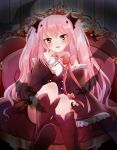  1girl blush boots chair detached_sleeves dress fang feathers frilled_dress frills hair_ribbon hand_on_own_cheek hato_no_yukiji knee_boots knee_up krul_tepes long_hair looking_at_viewer neck_ribbon open_mouth owari_no_seraph pink_eyes pink_hair pointy_ears ribbon shadow sitting solo striped striped_background two_side_up 