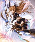  1girl :d bangs black_legwear blush bow_(weapon) brown_eyes cape eruthika gloves granblue_fantasy head_wings highres holding holding_weapon long_hair long_sleeves looking_away looking_to_the_side magic open_mouth orange_hair shorts smile solo song_(granblue_fantasy) thigh-highs weapon white_gloves 