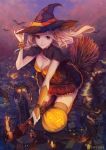  1girl bat blonde_hair breasts bridal_gauntlets broom broom_riding building caplet chaang cleavage english full_body hat highres jack-o&#039;-lantern orange_legwear original outdoors skirt solo thigh-highs violet_eyes watermark witch_hat 