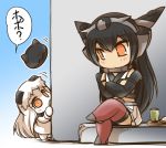  2girls armor around_corner black_legwear brown_legwear chibi crossed_arms cup dress gauntlets head_grab hisahiko horns kantai_collection long_hair mittens multiple_girls nagato_(kantai_collection) northern_ocean_hime shirt silver_hair sitting skirt teacup thigh-highs translated very_long_hair white_dress white_hair yellow_eyes 