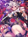  1girl blue_nails bracelet breasts brown_eyes cleavage clenched_teeth furyou_michi_~gang_road~ highres holding_sword holding_weapon japanese_clothes jewelry katana kimono leaf maple_leaf nail_polish oriental_umbrella solo sword umbrella weapon white_hair xaxak 