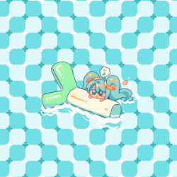 1girl blue_eyes blue_hair checkered checkered_background chibi hatsune_miku laujita leek musical_note swimming twintails vocaloid water