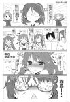  &gt;_&lt; 1boy 6+girls :d ahoge bare_shoulders blush clenched_hands closed_eyes comic embarrassed fairy_(kantai_collection) glasses hair_in_mouth hair_ornament hairband hairclip haruna_(kantai_collection) heart hiei_(kantai_collection) kantai_collection kirishima_(kantai_collection) kongou_(kantai_collection) long_hair matsushita_yuu monochrome multiple_girls nontraditional_miko o_o open_mouth outstretched_arms short_hair smile translation_request triangle_mouth xd 